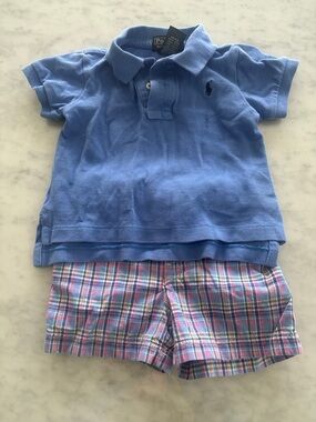 Polo by Ralph Lauren Light Blue Polo with Multicolor Plaid Shorts - Kids
